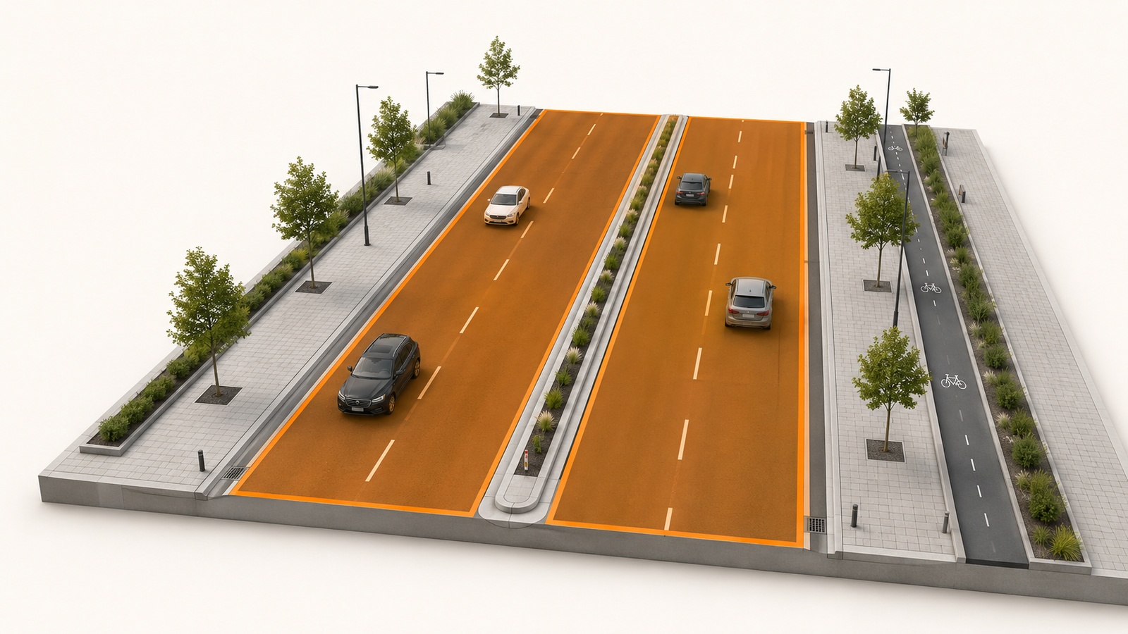 Orange hervorgehobene Fahrbahnen innerhalb des gesamten Straßenraums