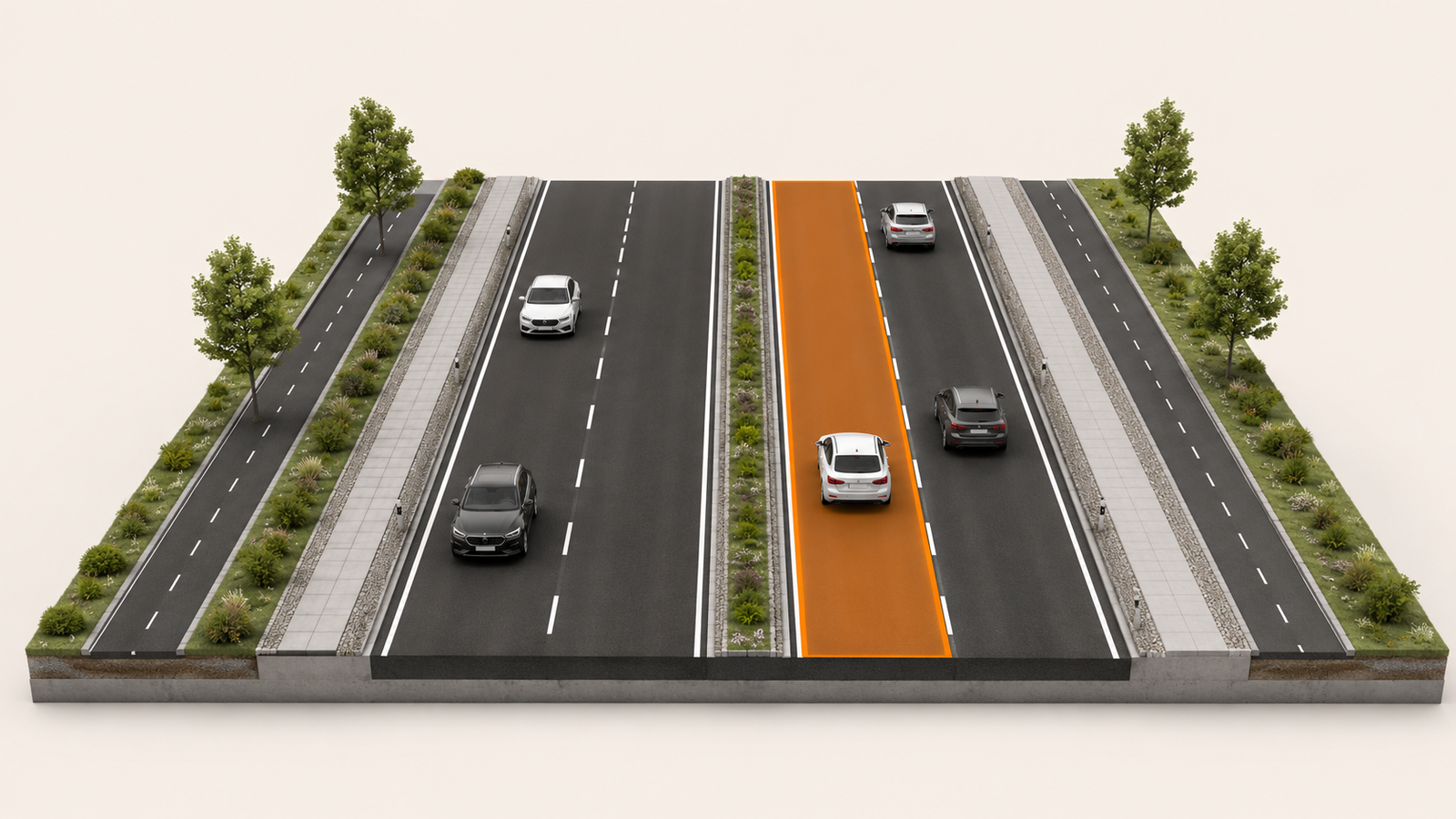 Ein einzelner Fahrstreifen ist auf einer mehrstreifigen Fahrbahn orange hervorgehoben