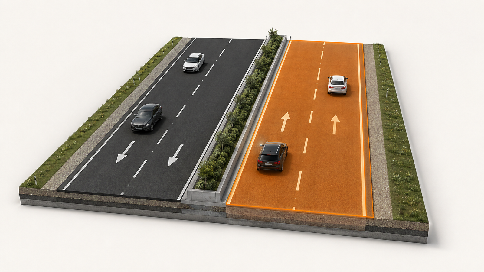 Eine vollständige Richtungsfahrbahn mit mehreren gleichgerichteten Fahrstreifen ist orange hervorgehoben