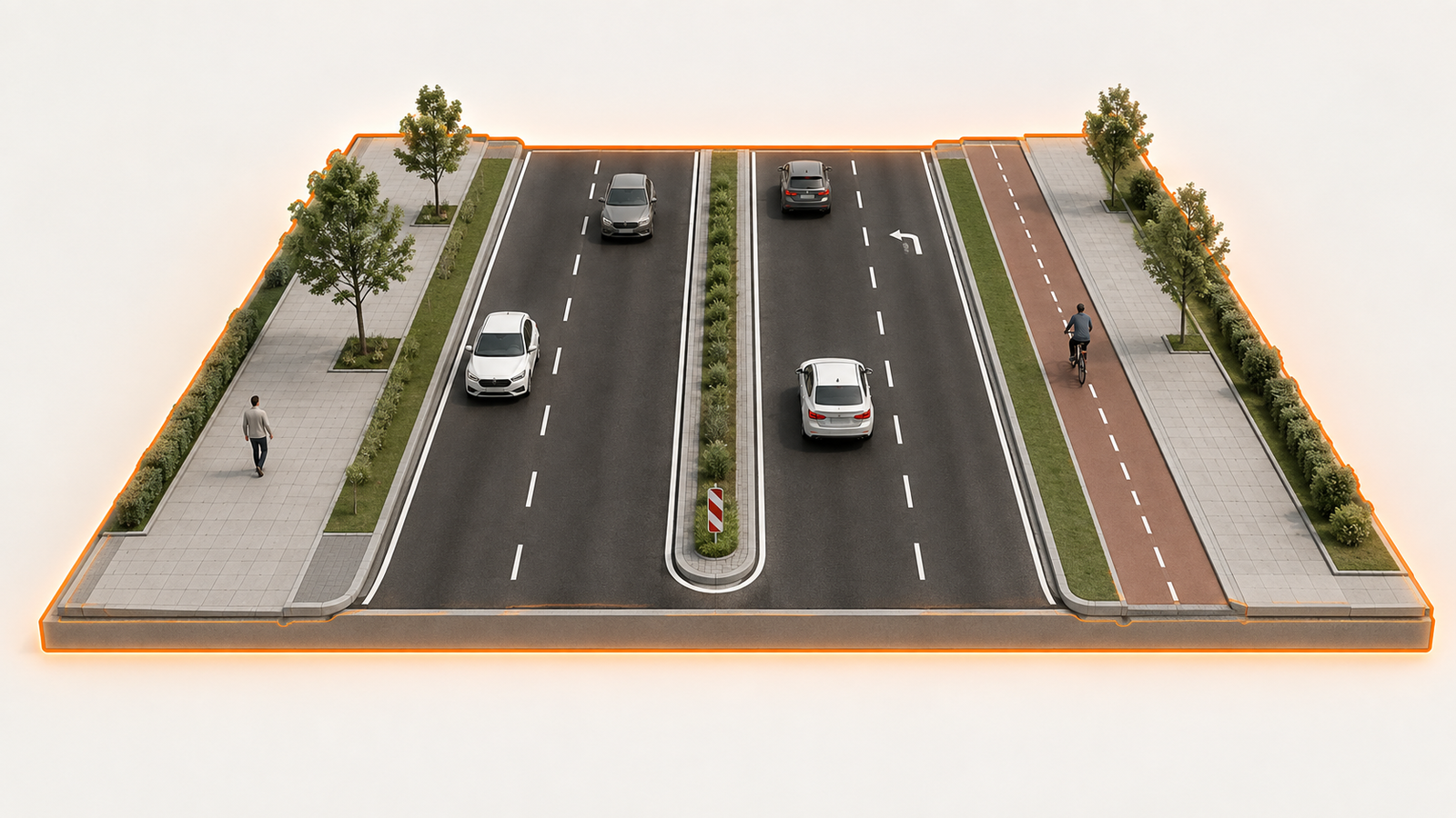 Der gesamte Straßenraum mit Fahrbahnen, Gehwegen, Radweg und Seitenbereichen